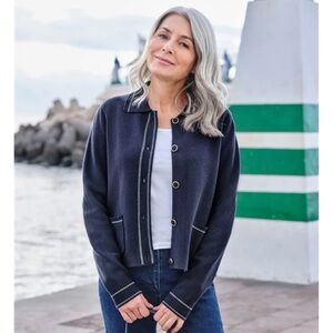 WoolOvers Premium Weight Cotton Blend Knitted Jacket Navy Size M